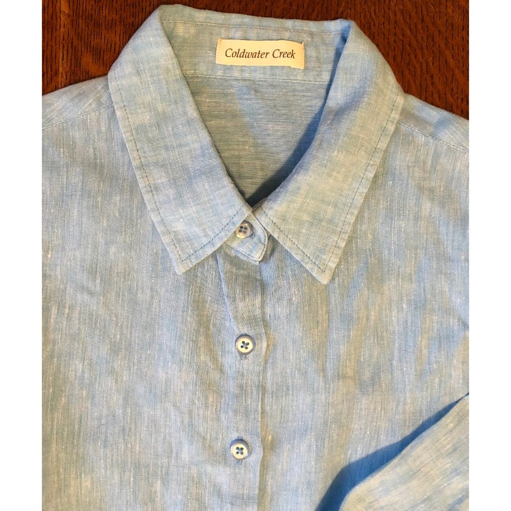 Coldwater Creek Linen Blue Button Blouse Women M